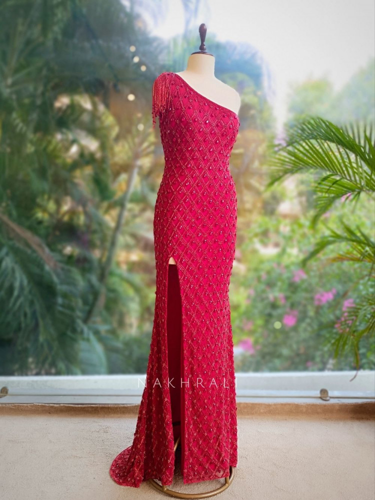 Image of Scarlet Mirage Red Prom Gown with Sequin, Cut Dana &amp; Stone Work