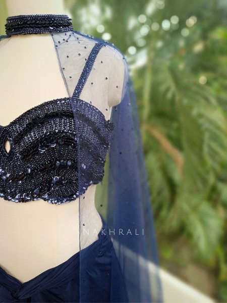 Midnight Spark Navy Crop Top Skirt Set with Cape