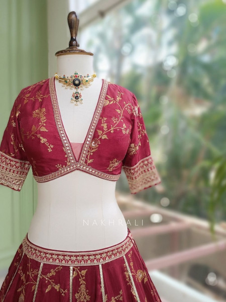 Orvian Maroon Lehenga Set with Floral Weave Sequin Border Work