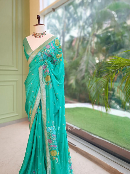 Gul-e-Rangat Rama Green Viscose Georgette Saree With Kashmiri Aari Floral Embroidery