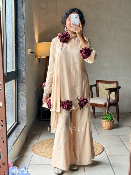 Shanaya Beige Palazzo Kurta Set With 3D Rose Appliqué Work