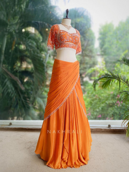 Aarini Orange Embroidered Drape Skirt Set