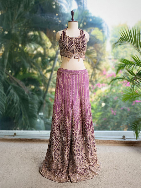 Serenya Purple Sequin Palazzo Set with Choker Dupatta