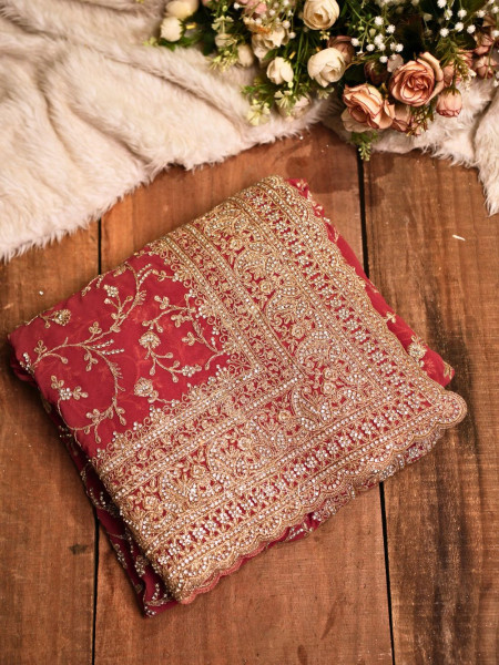 Ajmal Brick Red Two-Piece Saree Set with Dupatta