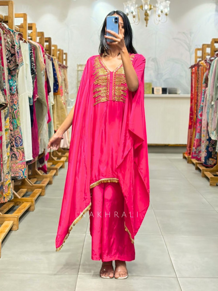 Velmira Magenta Kaftan Set with Sequin Bead Embellished Neck