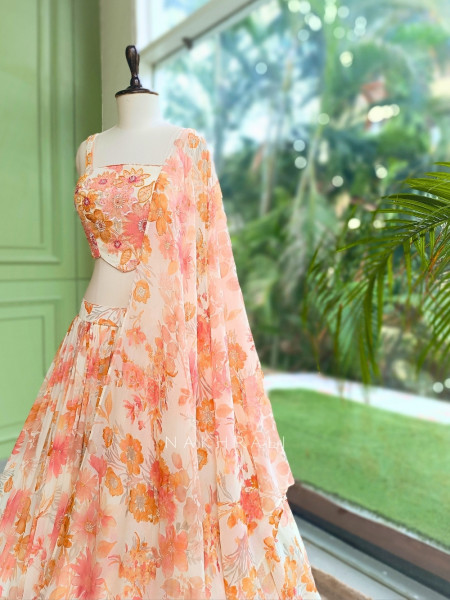 Noor-e-Basant Cream Georgette Lehenga Set With Floral Print & Embroidered