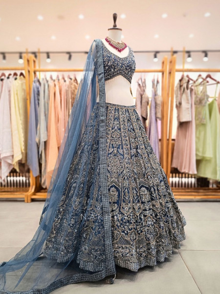 Blue Silk Bridal Lehenga with Sequin, Cutdana work and Zari embroidery