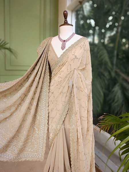 Chahat Beige Two-Piece Saree Set with Dupatta