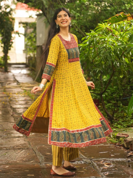 Imroz Mustard Cotton Flared Kurta