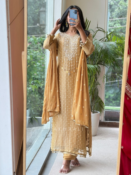 Zariyah  Tissue Silk Straight Suit Set With Pearl Latkan Work