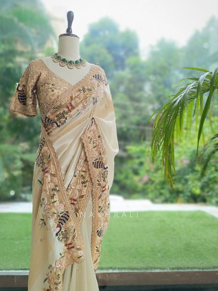 Meadowlark Cream Saree with Readymade Blouse and Beads Thread Embroidery