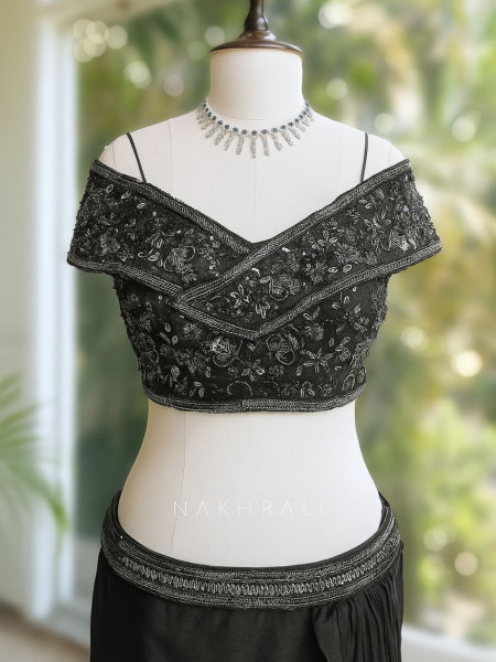 Mulberry Mirage Black Crop Top Skirt Set with Sequin, Cut Dana & Beads Work