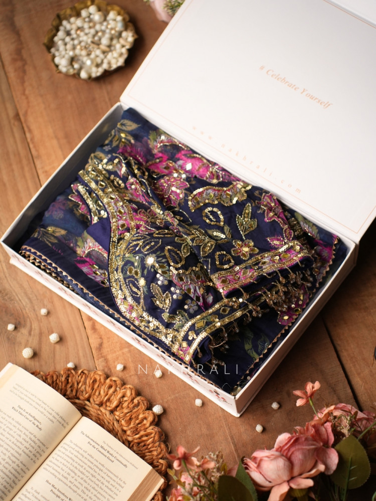 Image of Madhulekha Navy Blue Organza/Georgette Tissue Saree with Readymade Blouse