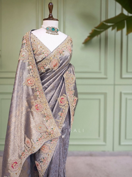 Royal Princess Grey Banarasi Silk Saree with Zardozi Detailing