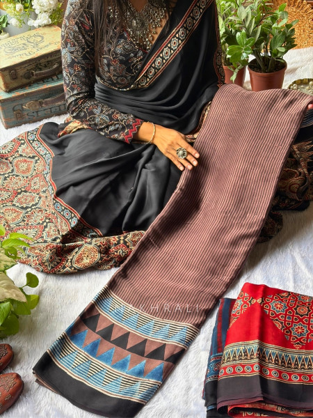 Dhani Brown Modal Silk Saree With Ajrakh Print