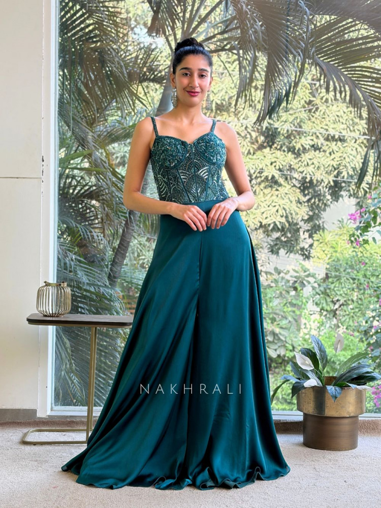 Image of Aaral Teal Green Corset Jumpsuit with Sequin Embroidery