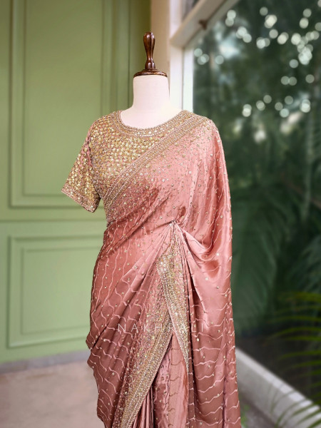 Myra Peach Saree with Embroidered Readymade Blouse