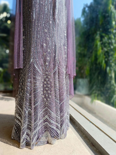 Seriza Purple Sequin Cut Dana Gown with Cape Dupatta