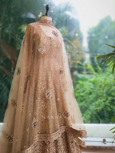 Mocha Glam Brown Achkan Pattern Lehenga with Zari Sequin Work