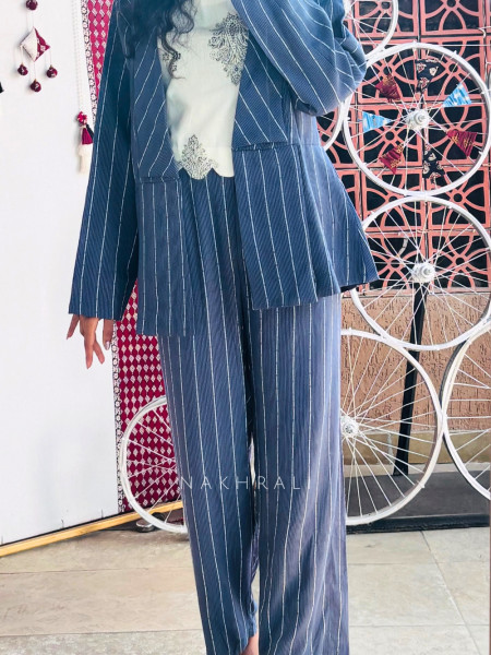 Mira Blue Cotton Co-ord Set with Striped Detailing