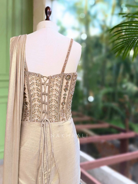 Sohvi Beige Drape Gown with Bead, Sequin, Cut Dana and Mirror Work