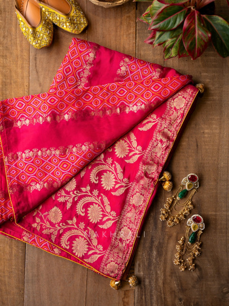 Pravahini Magenta Bandhani Saree with Sequin, Cut Dana & Mirror Work Readymade Blouse