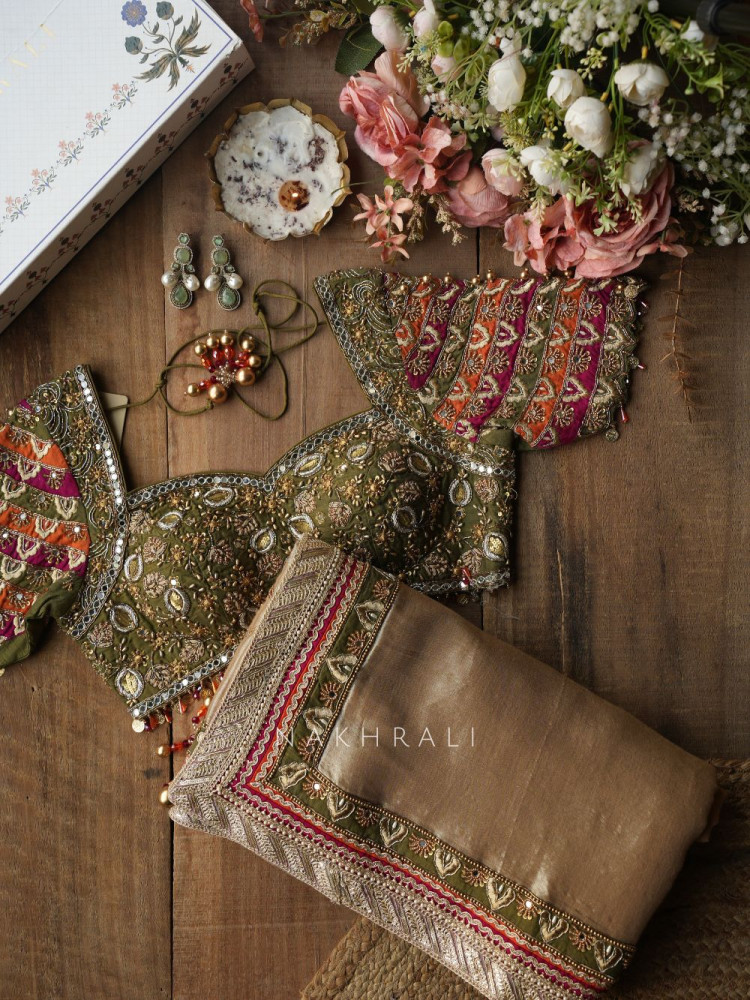 Image of Kairi Mehendi Green Saree with Zari And Mirror Work