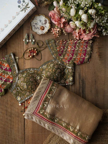 Kairi Mehendi Green Saree with Zari And Mirror Work