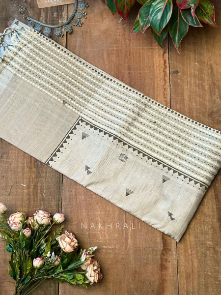 Vadi Green Raw Silk Saree with Embroidery & Block Print