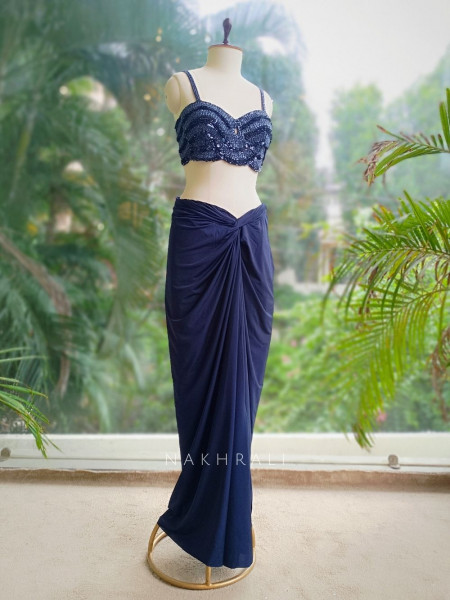 Midnight Spark Navy Crop Top Skirt Set with Cape
