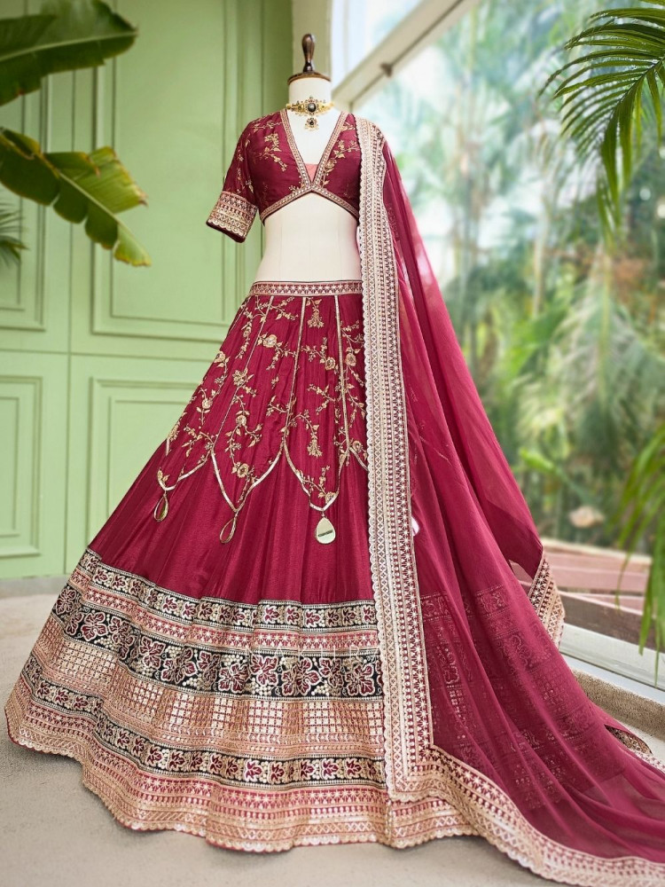 Image of Orvian Maroon Lehenga Set with Floral Weave Sequin Border Work