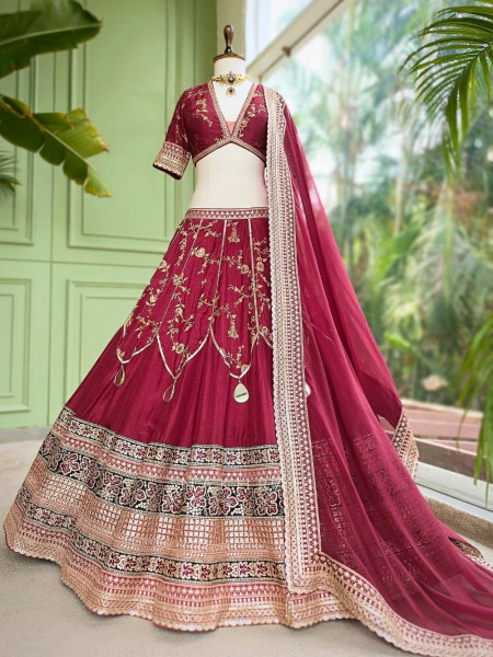 Orvian Maroon Lehenga Set with Floral Weave Sequin Border Work