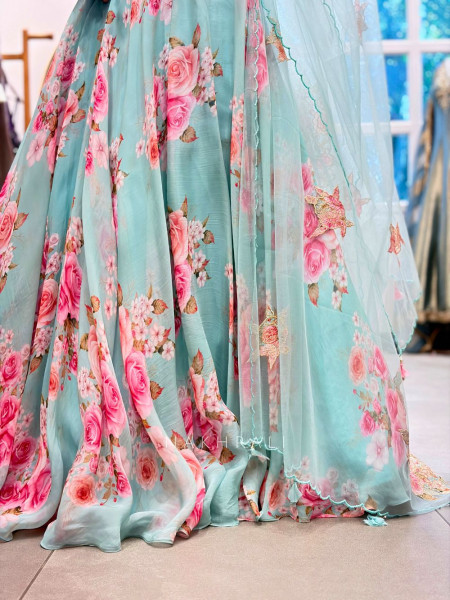 Elara Firozi Floral Indo-Western Lehenga with Sequin Cut Dana Embroidery