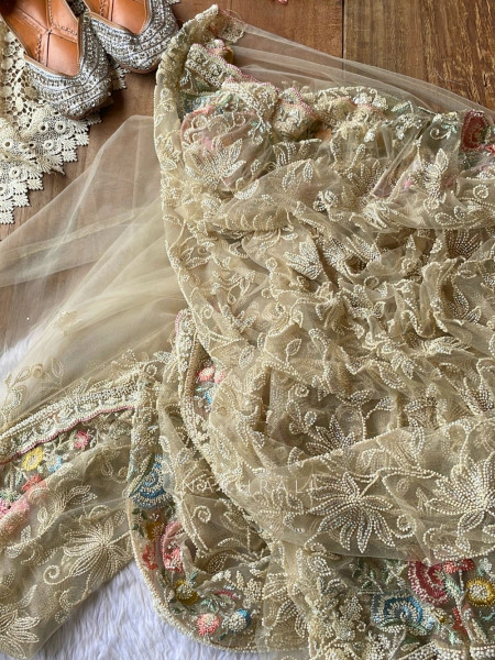 Mrinmayi Beige French Net Saree With Pearl Cutdana & Pastel Resham Work