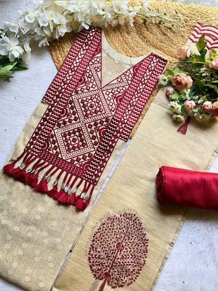 Jharokha Red Dress Material with Mirror Work