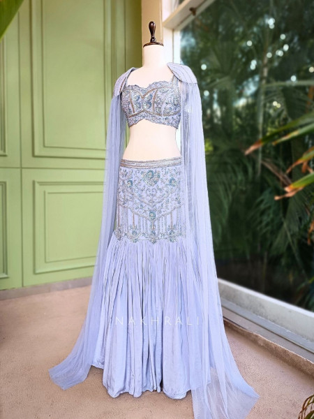 Elysia Grey Embroidered Crop Top Skirt Set with Cape