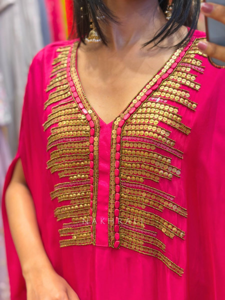 Velmira Magenta Kaftan Set with Sequin Bead Embellished Neck