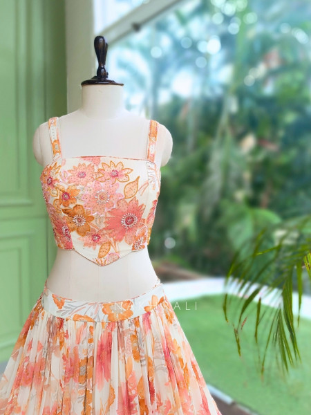 Noor-e-Basant Cream Georgette Lehenga Set With Floral Print & Embroidered