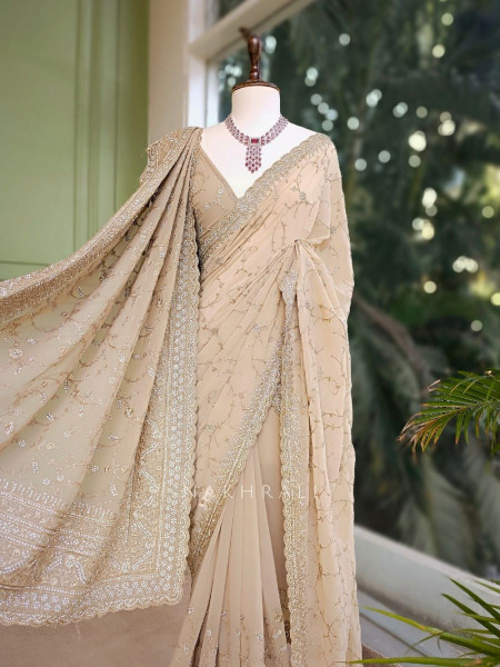 Chahat Beige Two-Piece Saree Set with Dupatta