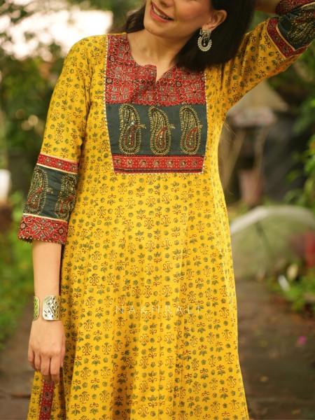 Imroz Mustard Cotton Flared Kurta