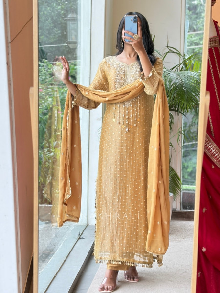 Zariyah  Tissue Silk Straight Suit Set With Pearl Latkan Work