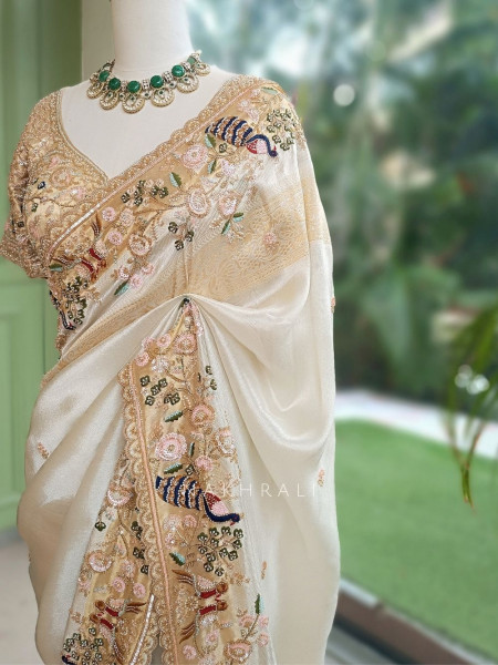 Meadowlark Cream Saree with Readymade Blouse and Beads Thread Embroidery