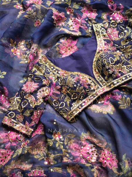 Madhulekha Navy Blue Organza/Georgette Tissue Saree with Readymade Blouse