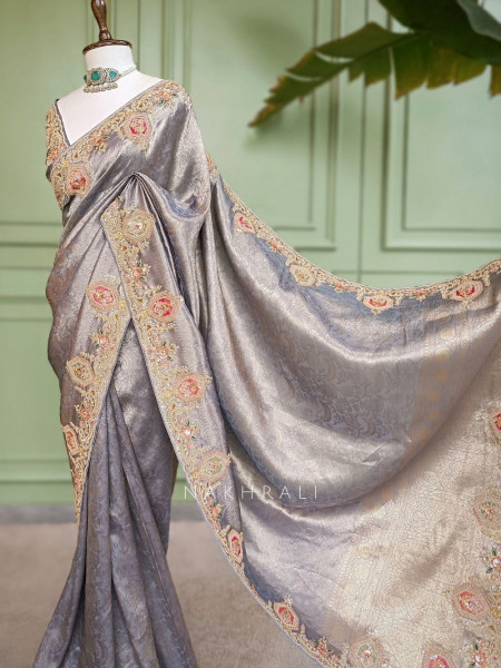 Royal Princess Grey Banarasi Silk Saree with Zardozi Detailing