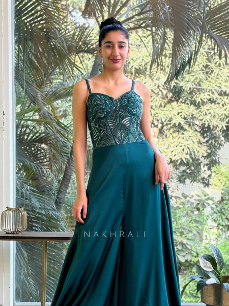 Aaral Teal Green Corset Jumpsuit with Sequin Embroidery