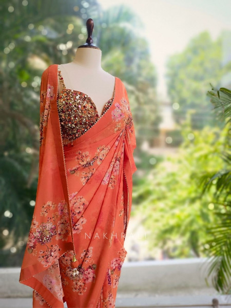 Sunset Bloom Orange Floral Saree with Beaded Scallop Border