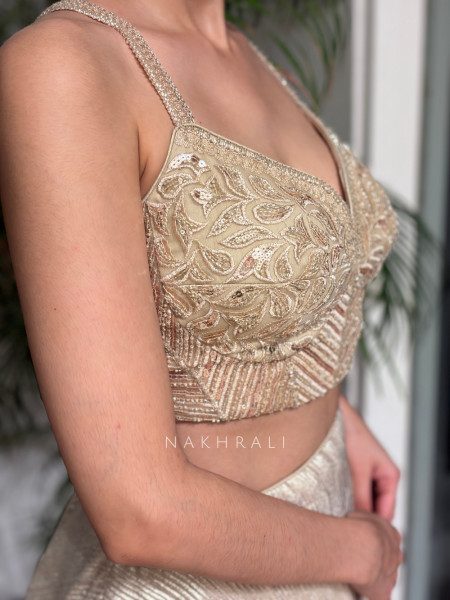 Hemisha Cream Crinkled Metallic Tissue-Satin & Tulle Jacket Lehenga Set