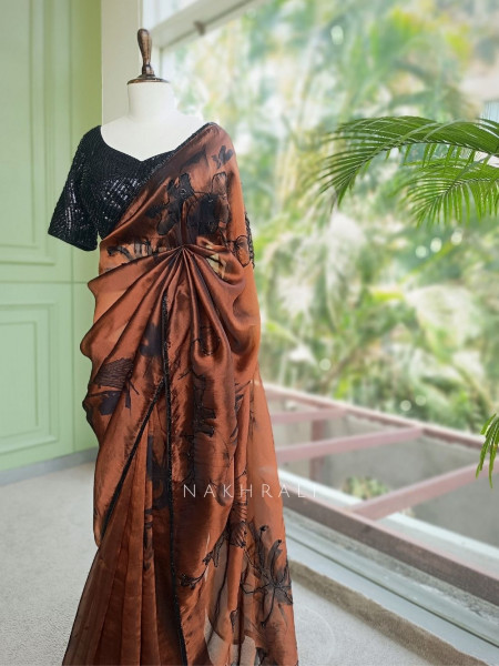 Glittering Brown Organza Silk Saree with Abstract Floral Peacock Cutdana Work