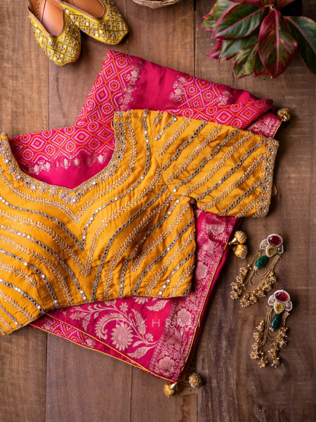 Pravahini Magenta Bandhani Saree with Sequin, Cut Dana & Mirror Work Readymade Blouse