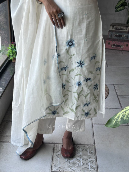 Phoolvika Cream Khadi Cotton Suit Set with Embossed Flower Work